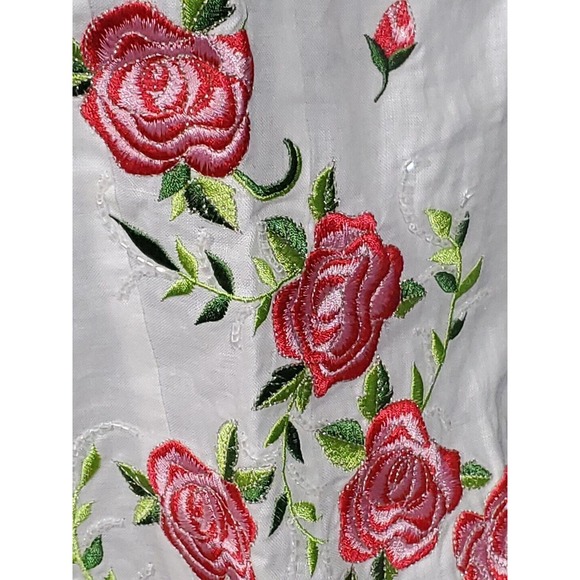 Yue Hwa Champsely Couture 38/8/Med Linen Red Roses Appliques Short Sleeve Blouse - Picture 6 of 12